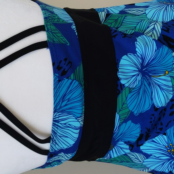 Tropical Escape Floral Strappy Padded Tankini Swim Top 10 Blue Green - Picture 10 of 14